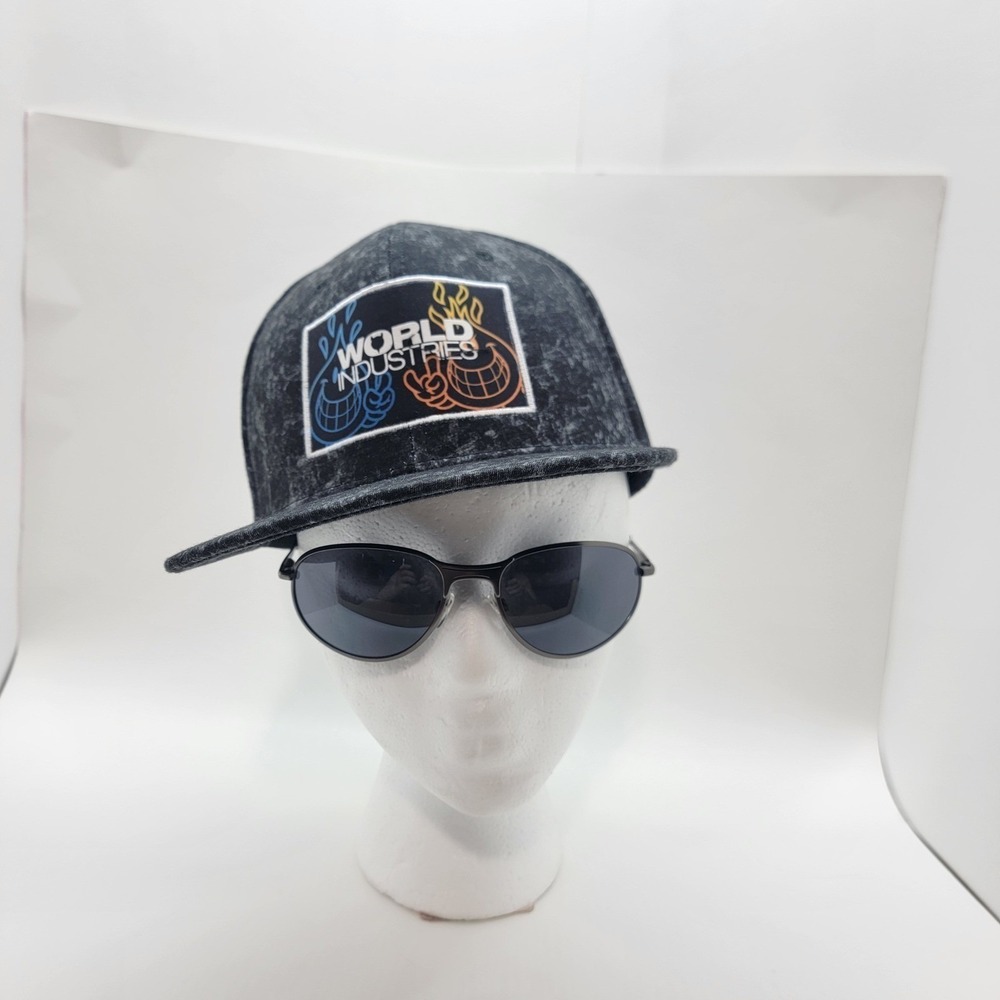 World Industries Snapback Hat Black Acid Wash Skate Flat Brim Cap WI-HT14286AQ
